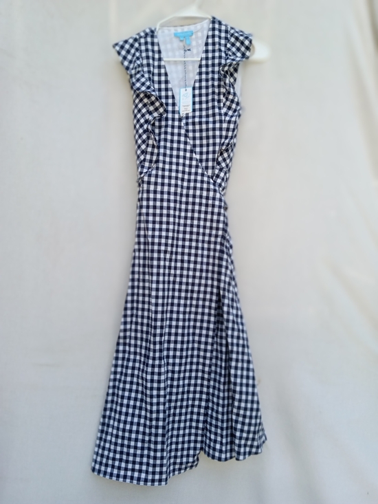 Draper James Dresses & Skirts - Draper James Navy and White Gingham Maxi Wrap Dress with Ruffle Trim